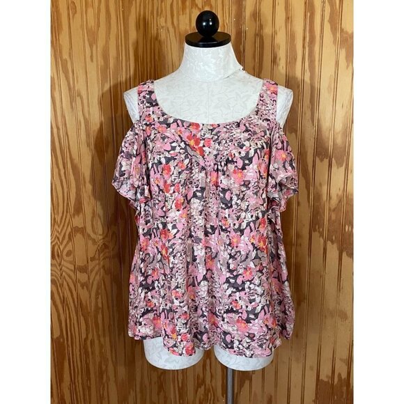 Maeve Anthropologie Blouse Pullover Top Cut Out Bell Sleeve Floral Pink Sz S - Picture 1 of 9